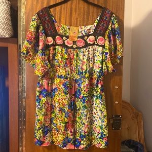 Johnny Was Embroidered Sateen Cinch Blouse